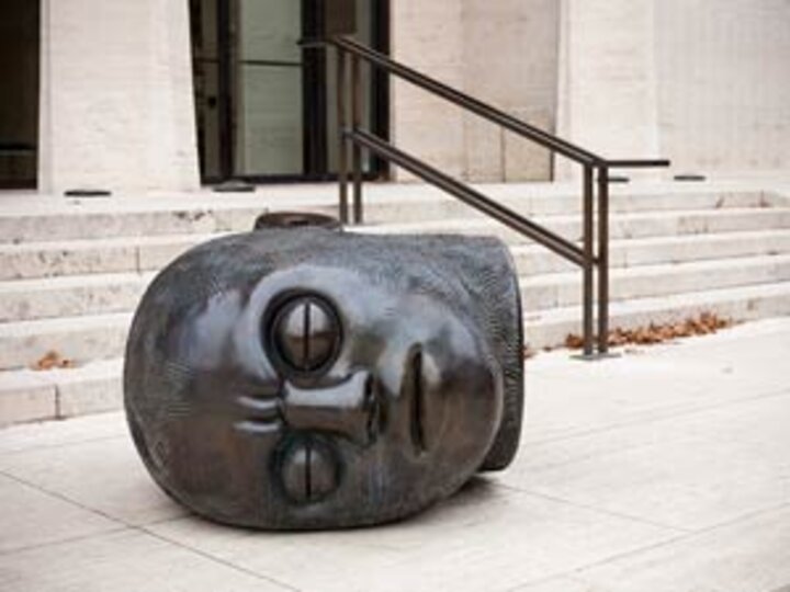 Head sculpture outside the Sheldon Art Museum